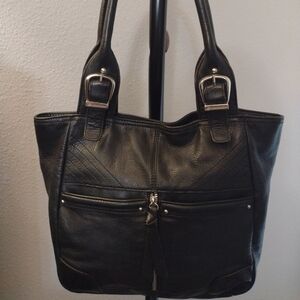 B. Makowsky Black Pebbled Leather Shoulder Bag Silver Buckles Studs Y2K Grunge